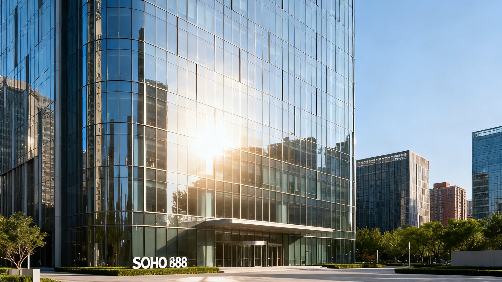 北京朝阳区建国路88号SOHO现代城A座办公楼外观，玻璃幕墙建筑在晴空下反射阳光，楼前广场绿化整洁，彰显现代商务气息