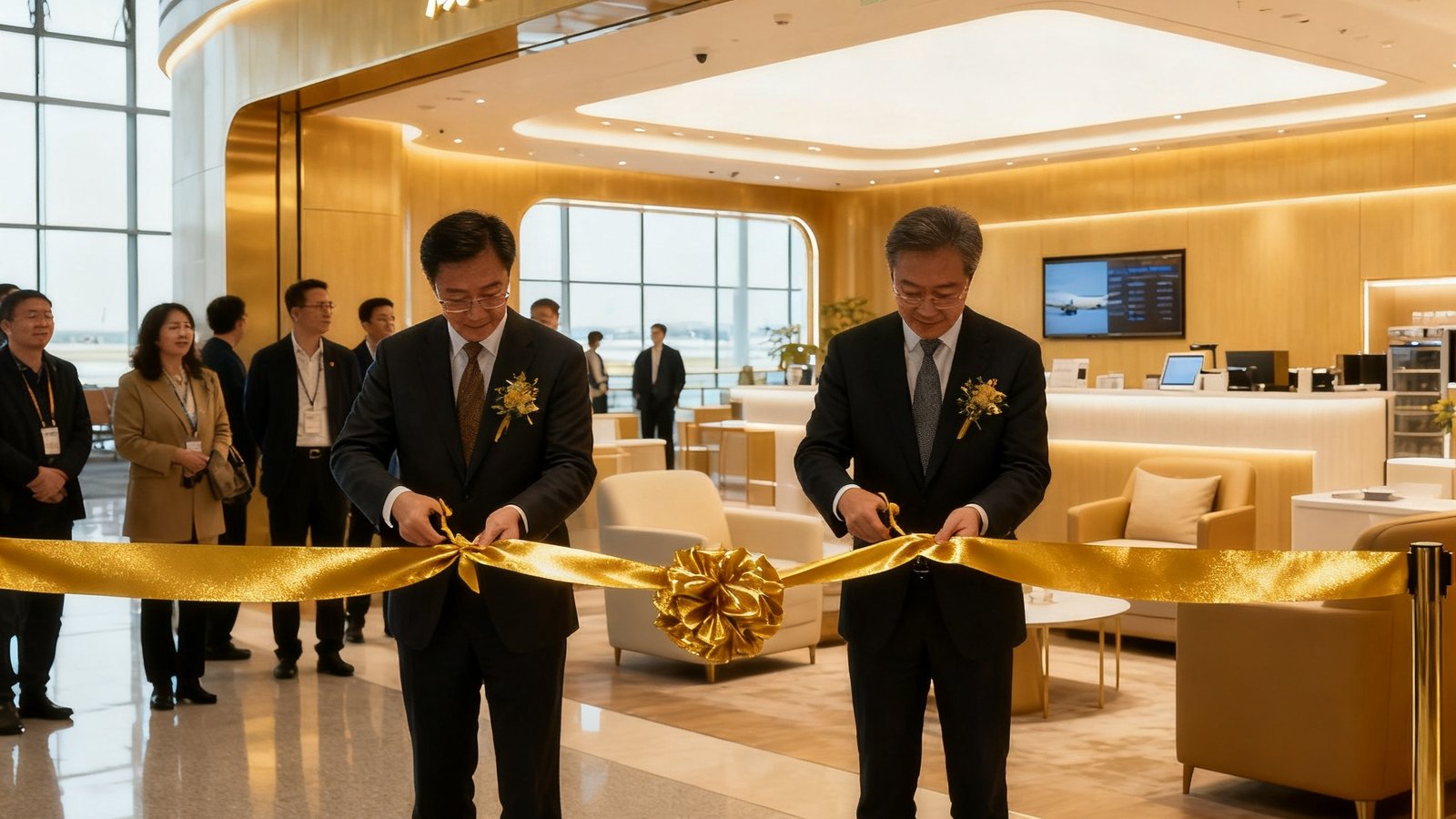 成都天府国际机场新VIP贵宾厅开业典礼现场，金色剪彩仪式正在进行，背景为宽敞明亮的新厅内部，宾客们正在参观设施