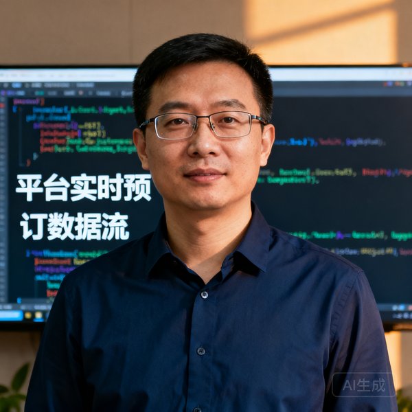 技术总监陈建华先生半身照，戴着眼镜身穿深蓝衬衫，背后是代码屏幕显示平台实时预订数据流，体现技术驱动服务的理念
